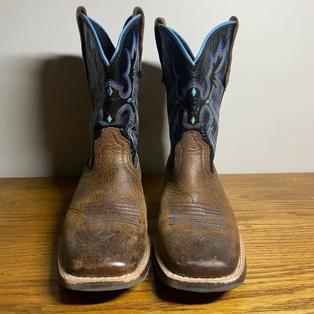 Ariat Tombstone Wide Square Toe Western Cowboy Boots Brown Blue Youth Boys Sz 1